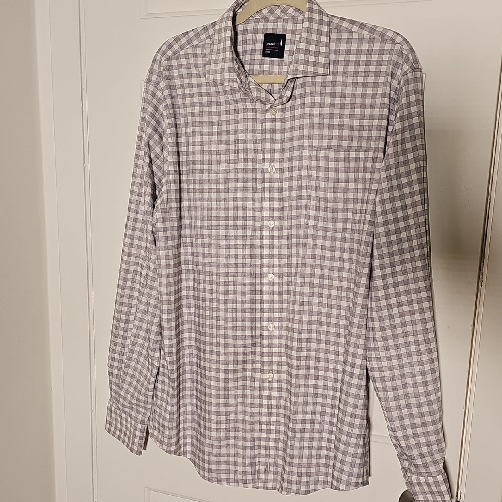 Men's Light Gray Checked Shirt By Johnnie-0 Size Large. Great Lightweight Fabric